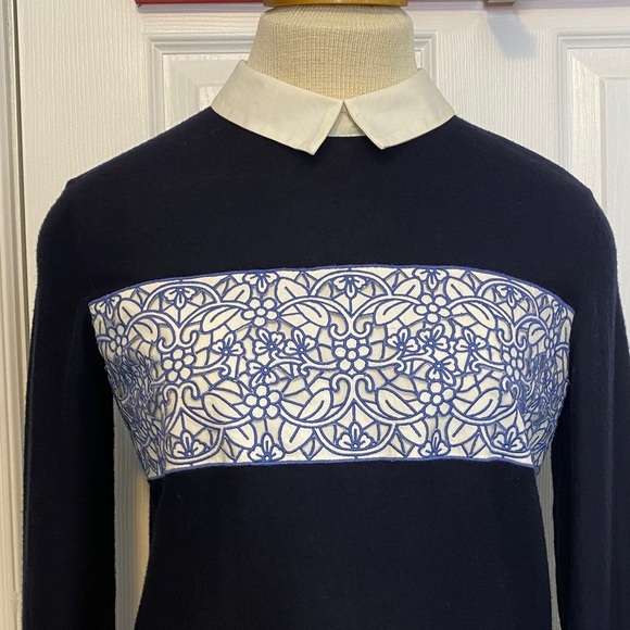 Tory Burch Navy Merino Peter Pan Collar Embroidered Sweater Office Petite S - Picture 3 of 16